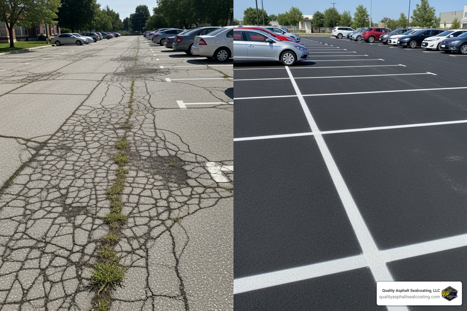Side-by-side comparison of a worn-out parking lot and a newly maintained one - parking lot maintenance services