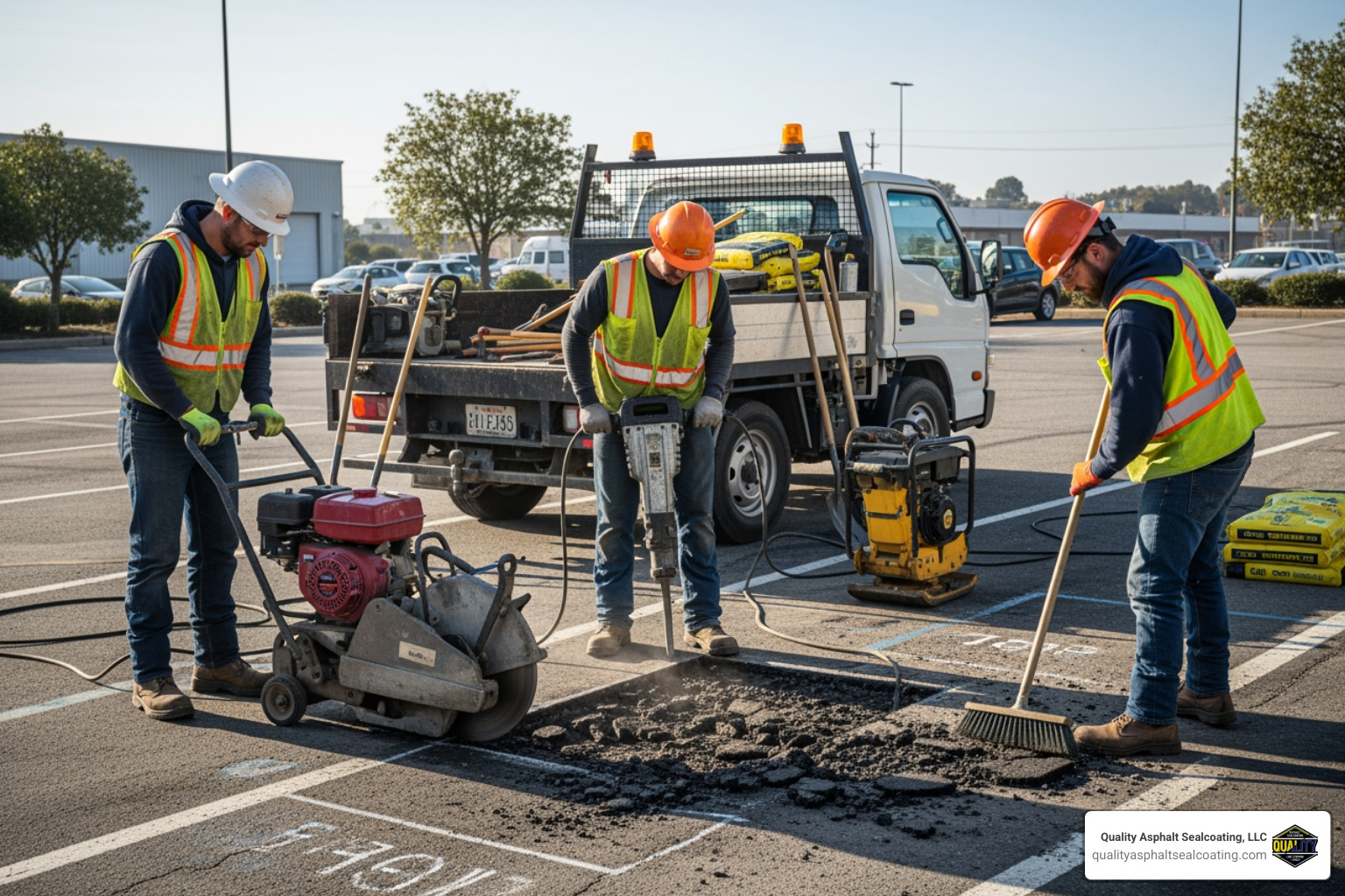 professional crew using specialized equipment for pothole repair - parking lot repair services professional crew using specialized equipment for pothole repair - parking lot repair services
