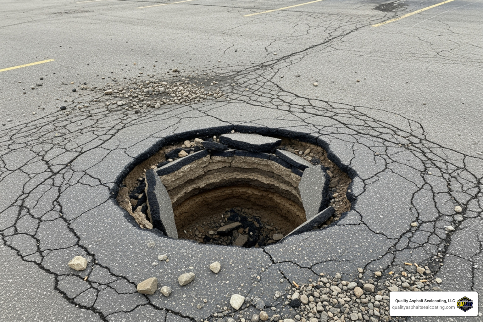 large dangerous pothole in a neglected parking lot - commercial parking lot maintenance