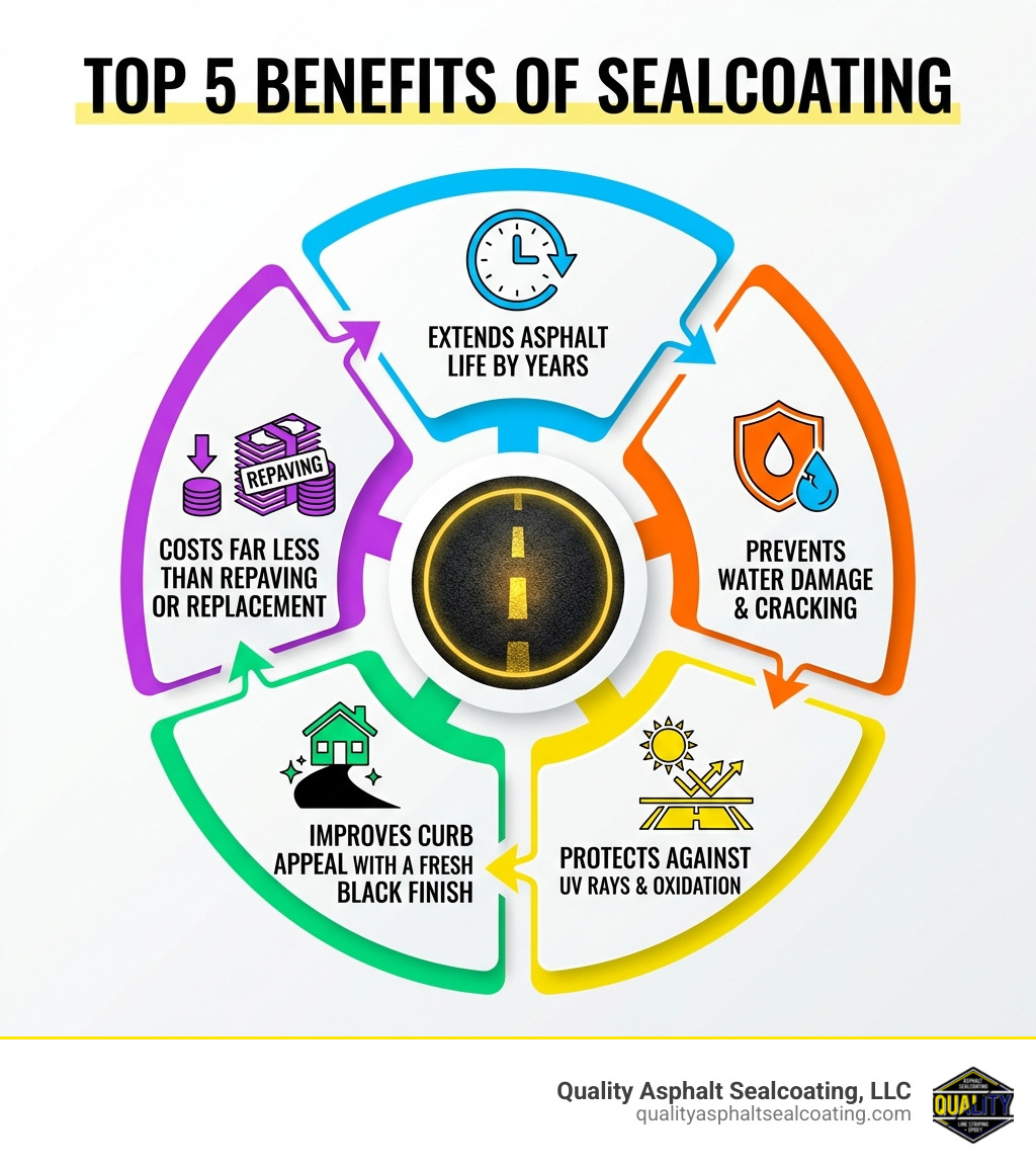 infographic showing the top 5 benefits of sealcoating: extends asphalt life by years, prevents water damage and cracking, protects against UV rays and oxidation, improves curb appeal with a fresh black finish, and costs far less than repaving or replacement - sealcoating near me infographic