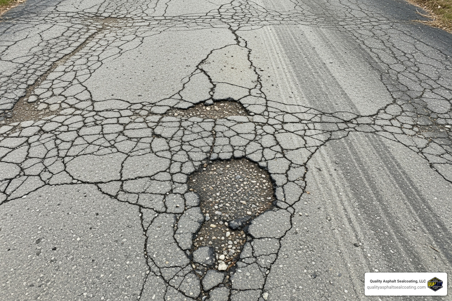 faded, gray, and cracked asphalt driveway - sealcoating near me