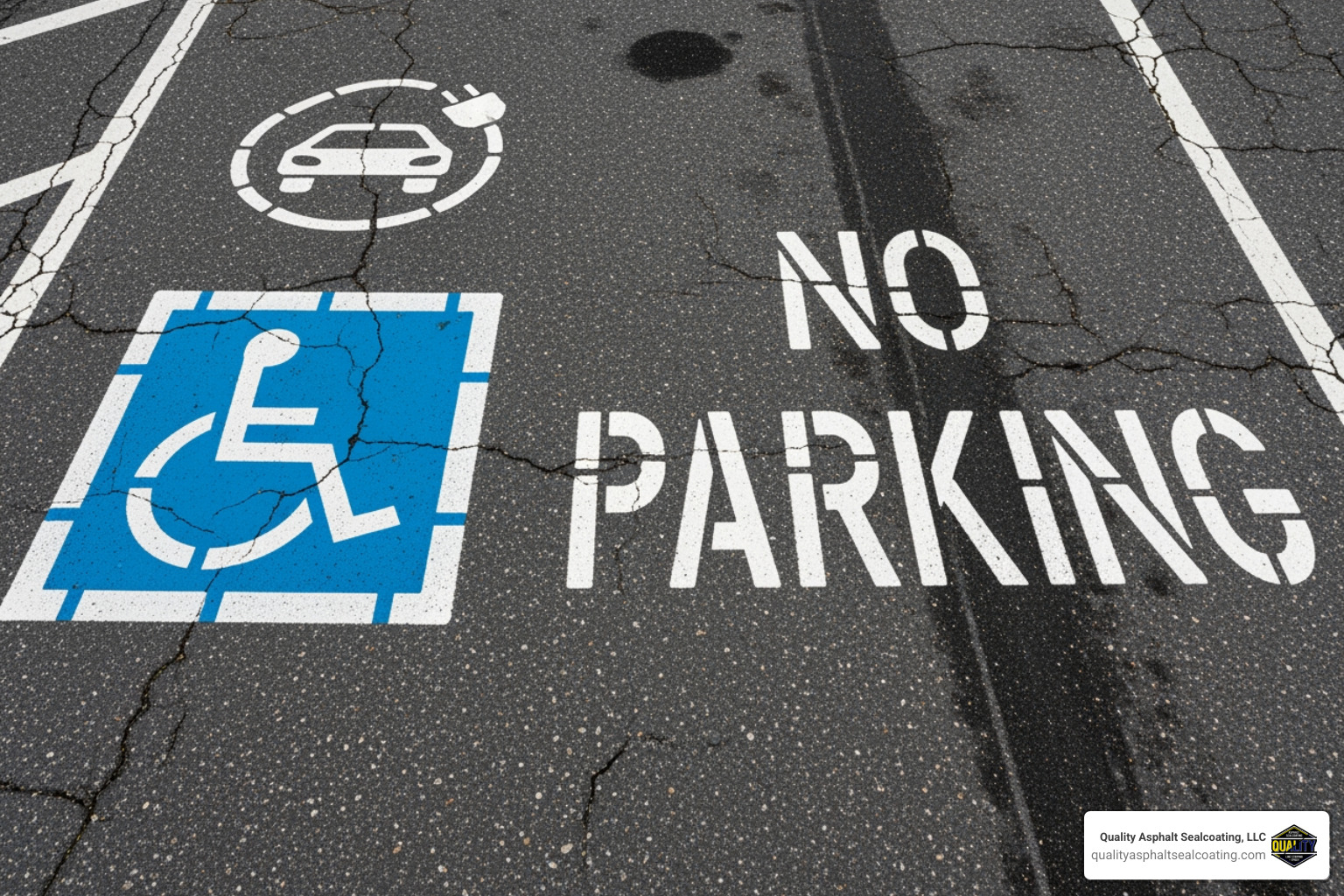 various stencils (handicap symbol, 'NO PARKING', EV charging) - road striping companies near me
