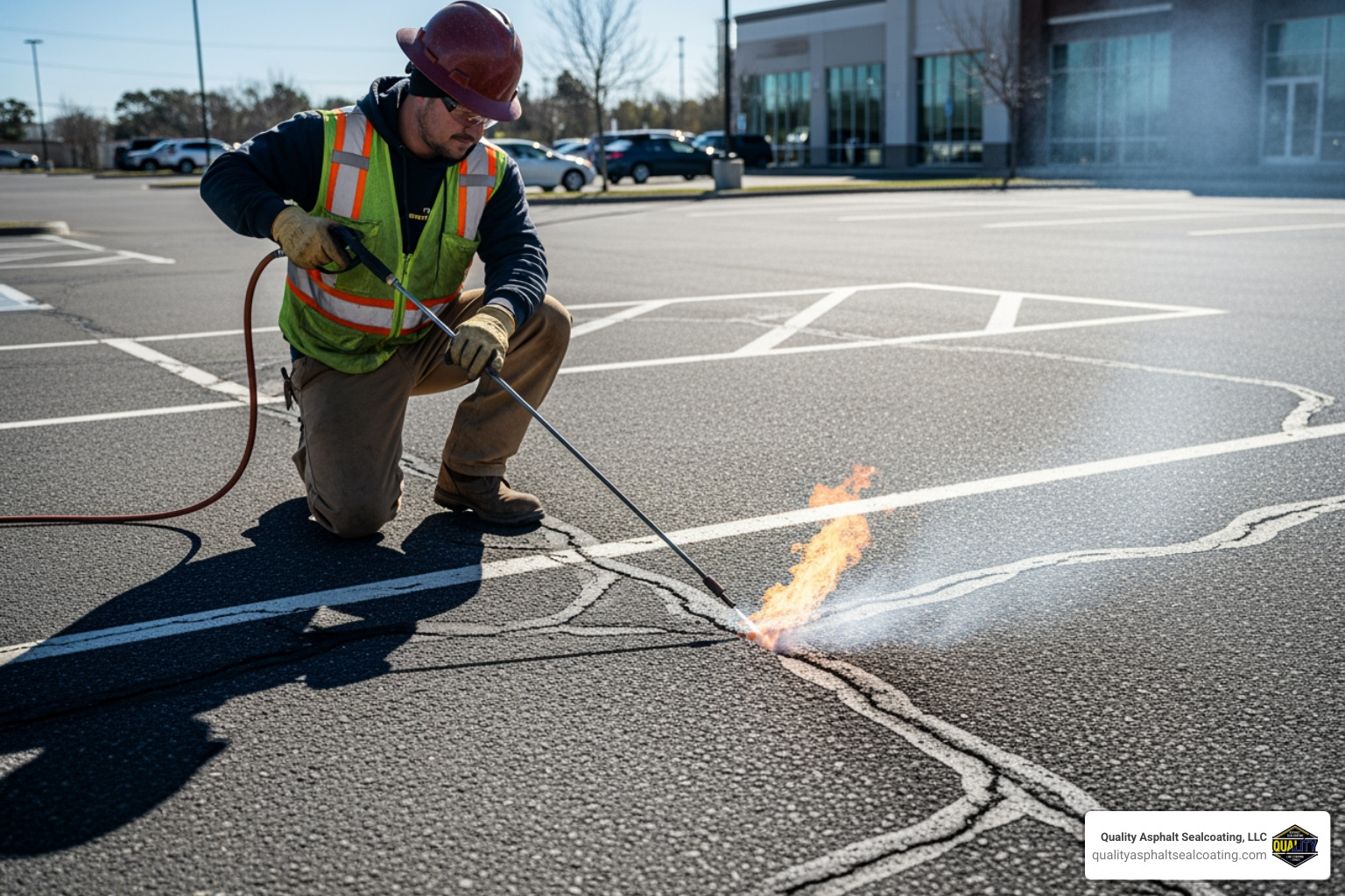 worker using a hot air lance to clean and dry a crack before application - parking lot crack filling worker using a hot air lance to clean and dry a crack before application - parking lot crack filling