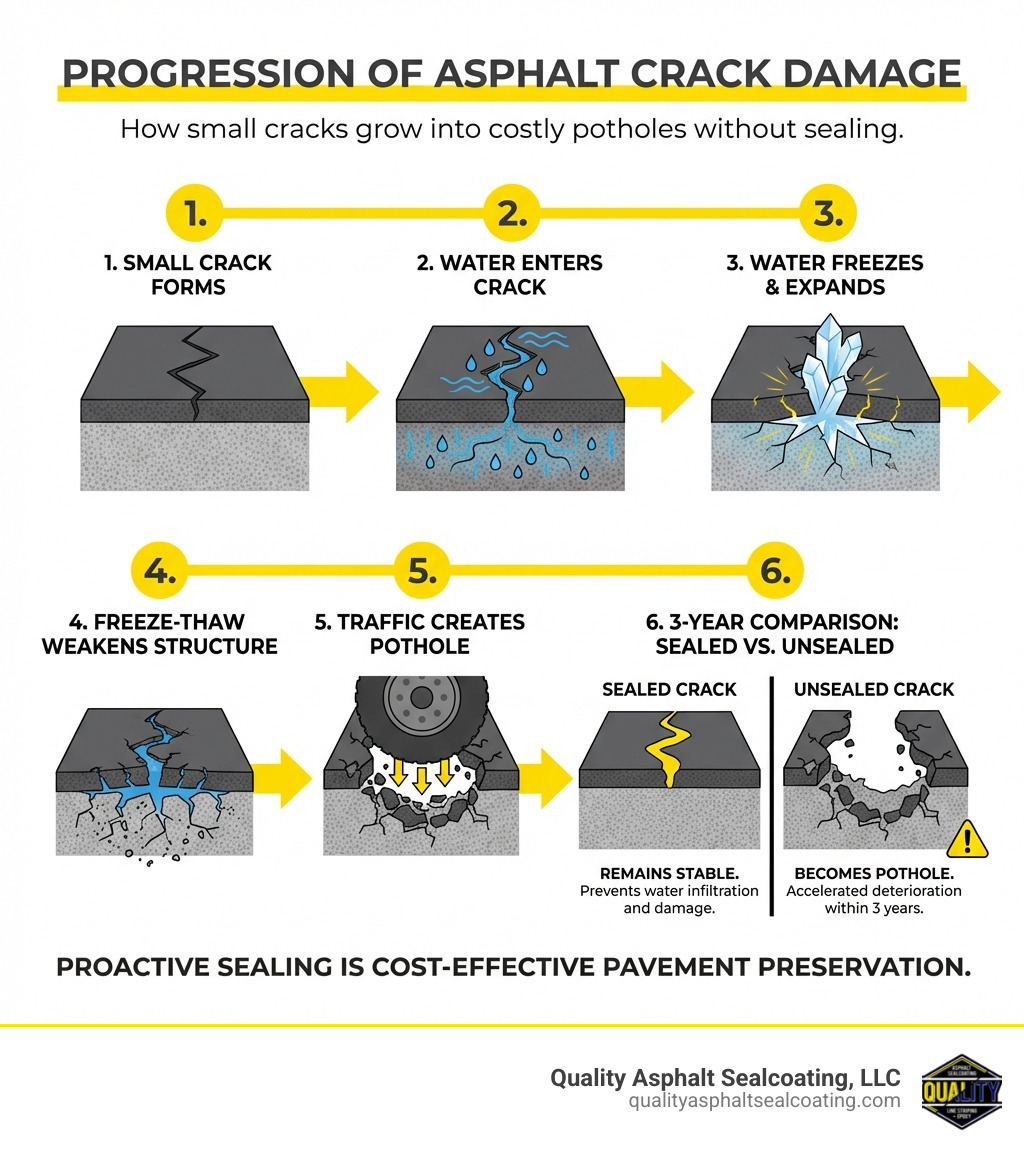 infographic showing the progression of crack damage: 1) Small crack forms in asphalt surface, 2) Water enters crack and penetrates sub-base, 3) Water freezes and expands during winter, 4) Freeze-thaw cycles weaken pavement structure, 5) Traffic pressure causes pothole formation, 6) Comparison showing sealed crack remains stable while unsealed crack becomes pothole within 3 years - parking lot crack filling infographic infographic showing the progression of crack damage: 1) Small crack forms in asphalt surface, 2) Water enters crack and penetrates sub-base, 3) Water freezes and expands during winter, 4) Freeze-thaw cycles weaken pavement structure, 5) Traffic pressure causes pothole formation, 6) Comparison showing sealed crack remains stable while unsealed crack becomes pothole within 3 years - parking lot crack filling infographic