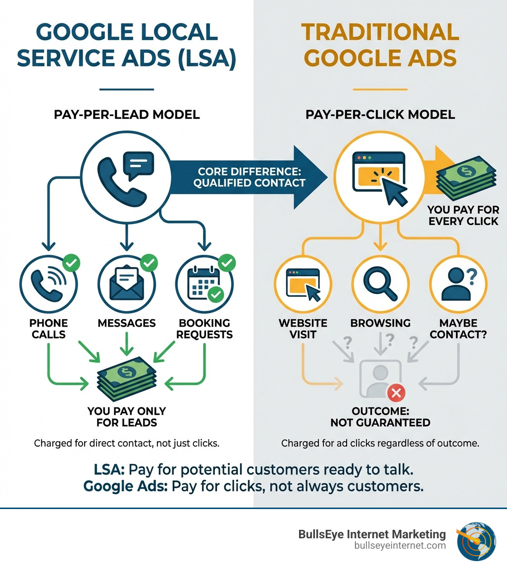 Google Local Service Ads (LSA) pay-per-lead model infographic contrasting with traditional Google Ads pay-per-click model, highlighting qualified contact and cost differences for businesses.