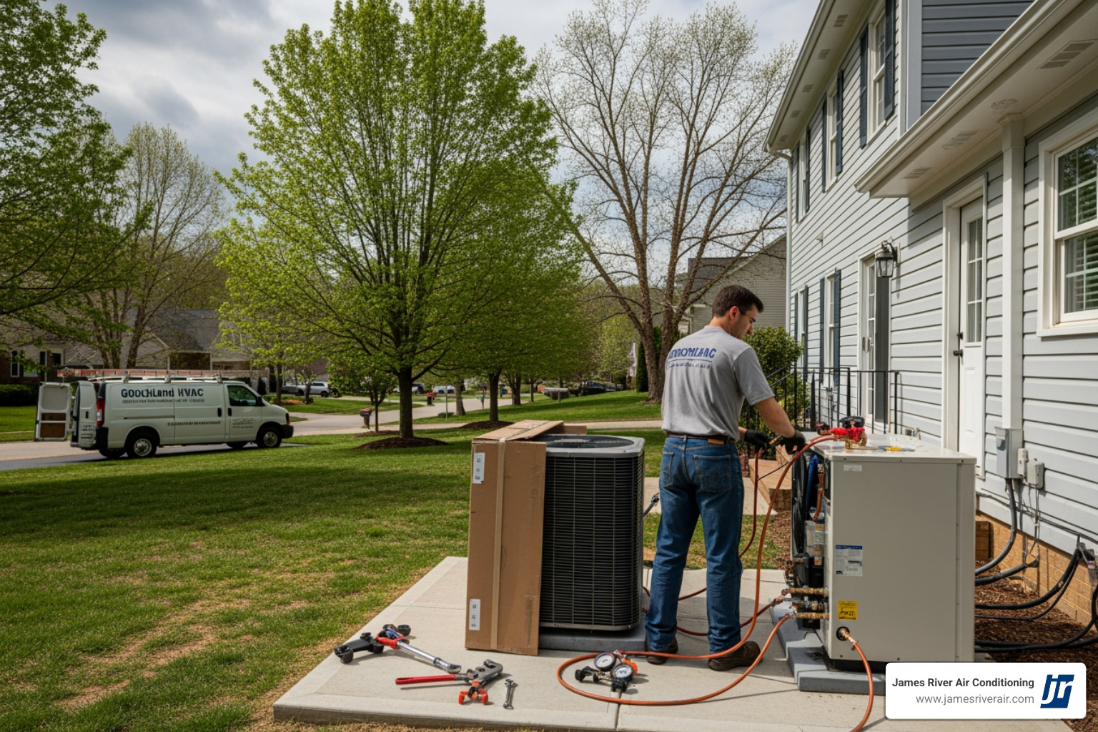 Infographic showing how a heat pump transfers heat between indoor and outdoor units, with arrows indicating cooling mode (moving heat outside) and heating mode (bringing heat inside), plus labels for key components like compressor, refrigerant lines, and air handler - heat pump installation in goochland, va Infographic showing how a heat pump transfers heat between indoor and outdoor units, with arrows indicating cooling mode (moving heat outside) and heating mode (bringing heat inside), plus labels for key components like compressor, refrigerant lines, and air handler - heat pump installation in goochland, va