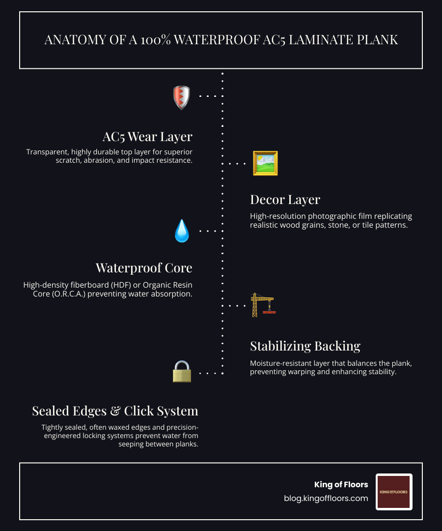 Infographic showing the cross-section of a 100% waterproof AC5 laminate plank with labeled layers: top AC5-rated wear layer for scratch resistance, photographic decor layer for realistic wood appearance, waterproof high-density core with sealed edges, and stabilizing backing layer - 100% Waterproof AC5 Laminate infographic infographic-line-5-steps-dark Infographic showing the cross-section of a 100% waterproof AC5 laminate plank with labeled layers: top AC5-rated wear layer for scratch resistance, photographic decor layer for realistic wood appearance, waterproof high-density core with sealed edges, and stabilizing backing layer - 100% Waterproof AC5 Laminate infographic infographic-line-5-steps-dark