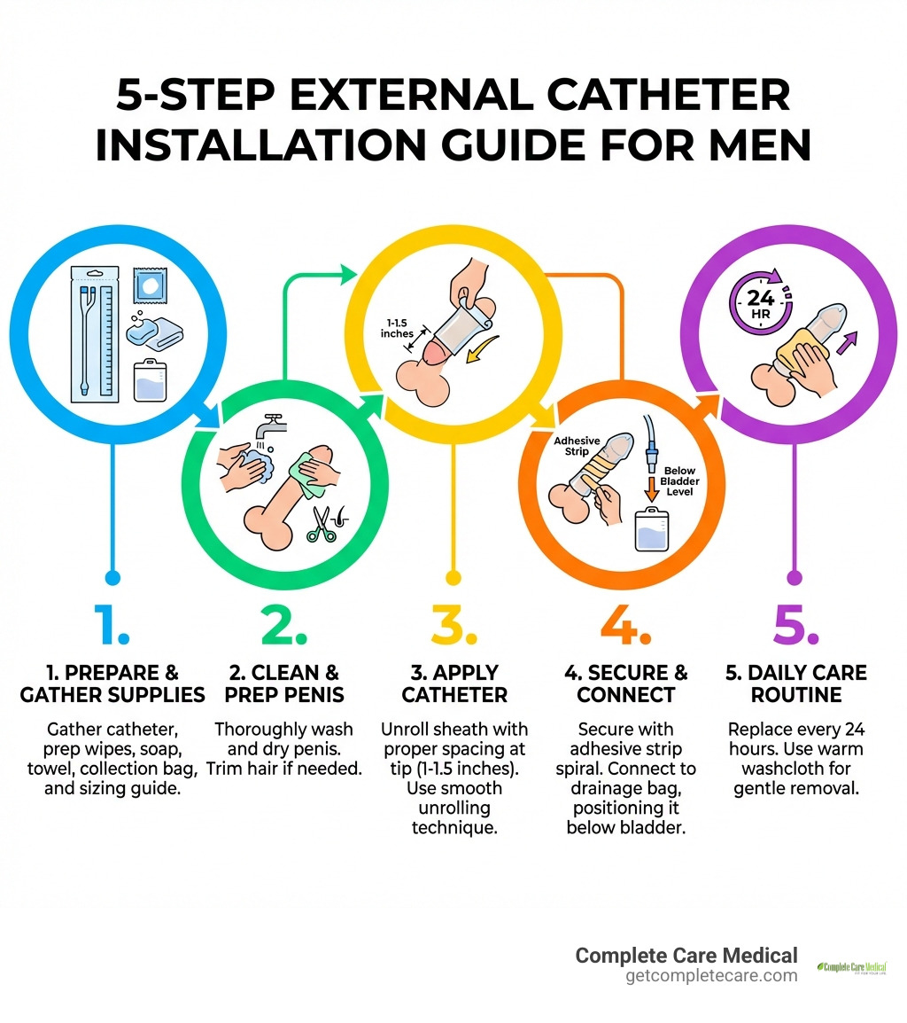 Infographic showing the five-step process for installing external catheters for men: Step 1 shows gathering supplies including catheter, prep wipes, collection bag, soap and towel with a sizing guide; Step 2 illustrates proper cleaning and preparation of the penis with hand washing and hair trimming; Step 3 demonstrates catheter application with proper spacing at the tip and smooth unrolling technique; Step 4 shows securing methods including adhesive strip spiral wrapping and connecting to drainage bag below bladder level; Step 5 depicts daily care routine including 24-hour replacement schedule and gentle removal technique with warm washcloth - how to install external catheters for men infographic 