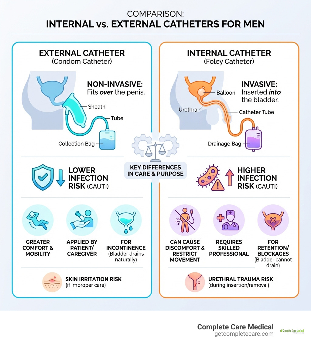 Diagram comparing internal and external catheters - how to install external catheters for men infographic 