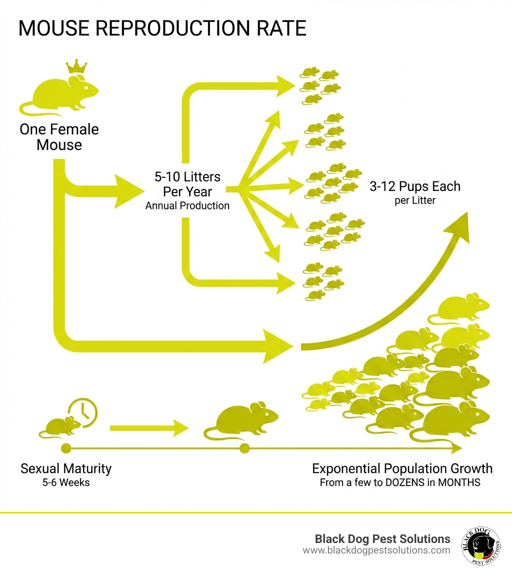 infographic showing mouse reproduction rate: one female mouse can produce 5-10 litters per year with 3-12 pups each, reaching sexual maturity in just 5-6 weeks, leading to exponential population growth from a few mice to dozens in months - 24 hour pest control mice infographic infographic showing mouse reproduction rate: one female mouse can produce 5-10 litters per year with 3-12 pups each, reaching sexual maturity in just 5-6 weeks, leading to exponential population growth from a few mice to dozens in months - 24 hour pest control mice infographic