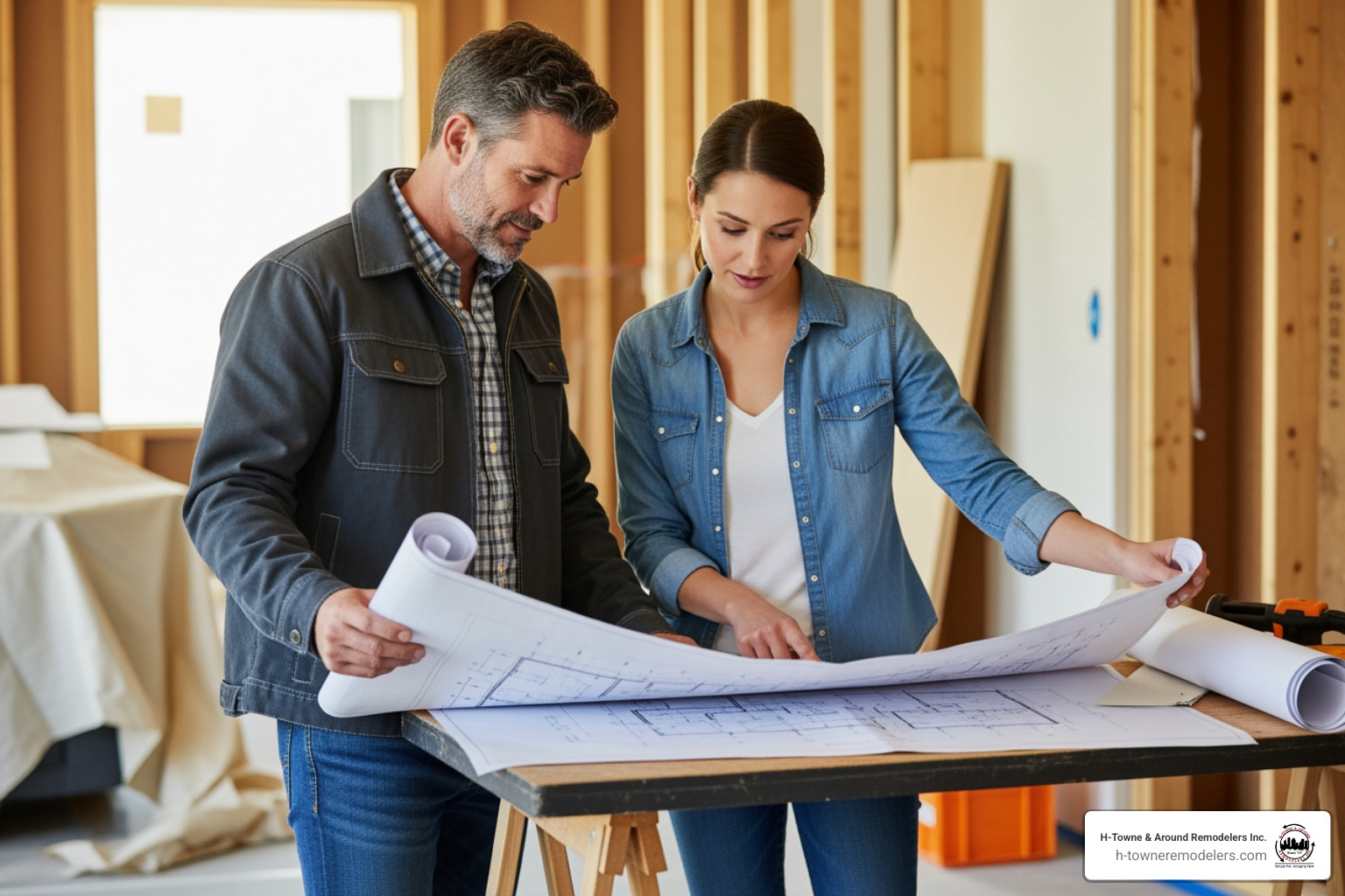 Homeowner and contractor reviewing plans - general contractor houston
