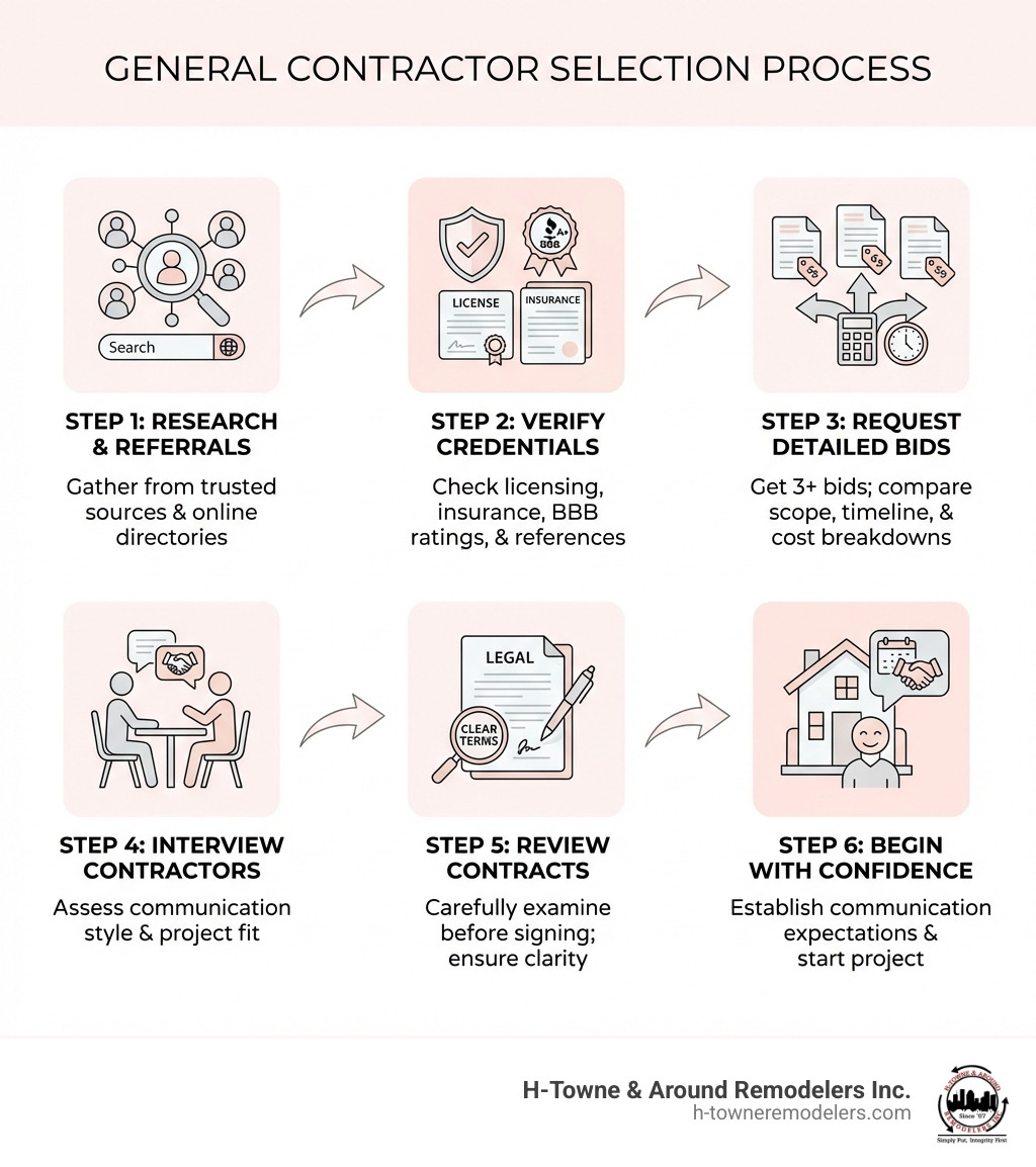 Infographic showing the general contractor selection process: Step 1 - Research and gather referrals from trusted sources and online directories. Step 2 - Verify credentials including BBB ratings, licensing, insurance, and references. Step 3 - Request detailed bids from at least 3 contractors, comparing scope, timeline, and cost breakdowns. Step 4 - Interview contractors, assessing communication style and project fit. Step 5 - Review contracts carefully before signing, ensuring all terms are clear. Step 6 - Establish communication expectations and begin your project with confidence. - general contractor houston infographic 