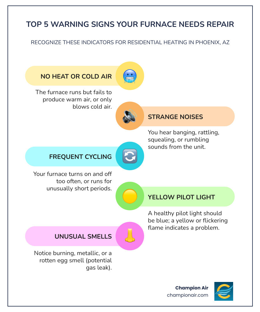 infographic showing five warning signs your furnace needs repair: no heat or cold air, strange banging or rattling noises, frequent on-off cycling, yellow or flickering pilot light, and unusual burning or gas smells - furnace repair residential in phoenix, az infographic infographic-line-5-steps-colors