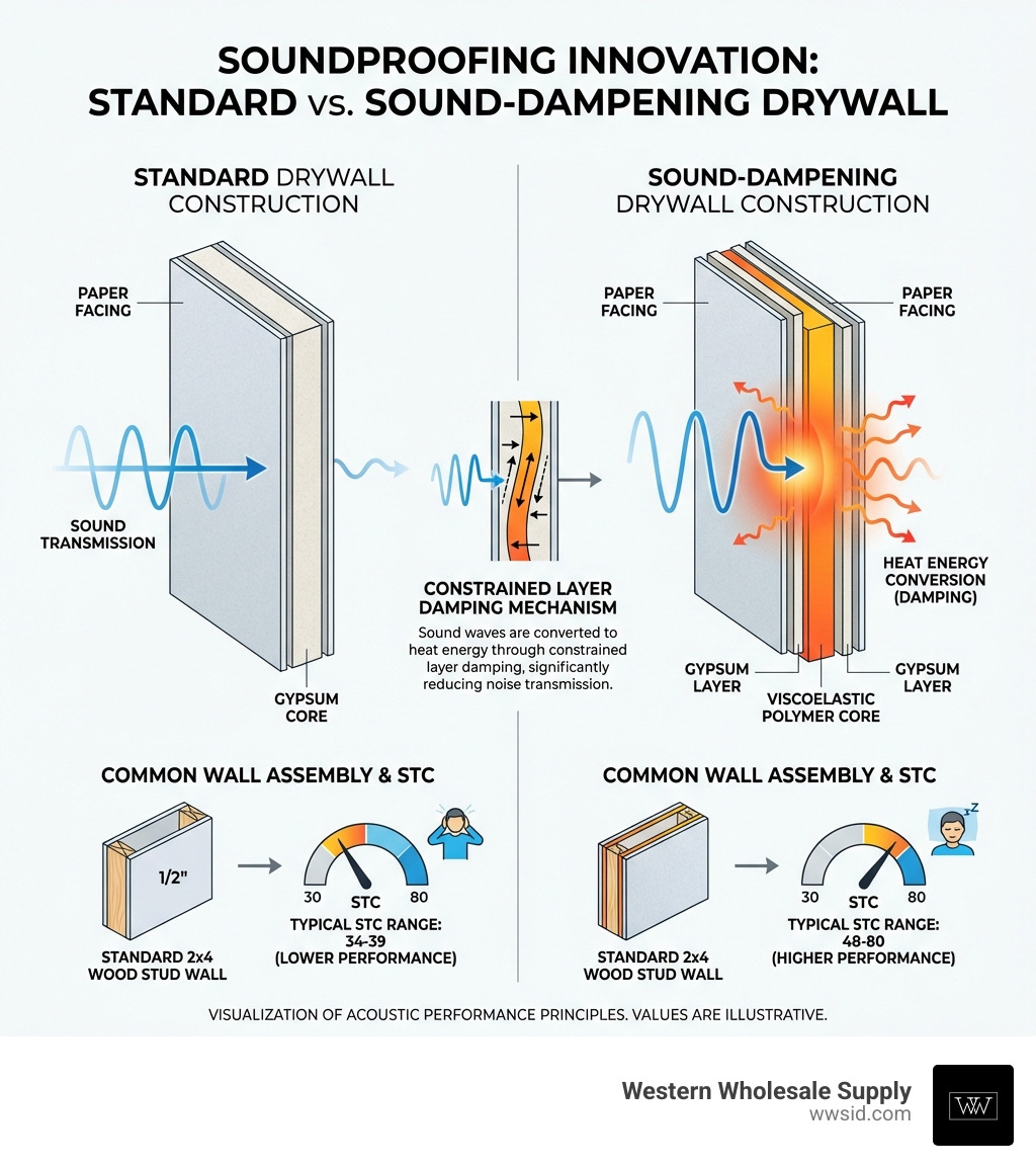 Infographic comparing standard drywall construction (single gypsum core with paper facing) versus sound-dampening drywall construction (two gypsum layers sandwiching a viscoelastic polymer core), showing how sound waves are converted to heat energy through constrained layer damping, with typical STC rating ranges for each type and common wall assembly configurations - Soundproof drywall sheets infographic Infographic comparing standard drywall construction (single gypsum core with paper facing) versus sound-dampening drywall construction (two gypsum layers sandwiching a viscoelastic polymer core), showing how sound waves are converted to heat energy through constrained layer damping, with typical STC rating ranges for each type and common wall assembly configurations - Soundproof drywall sheets infographic