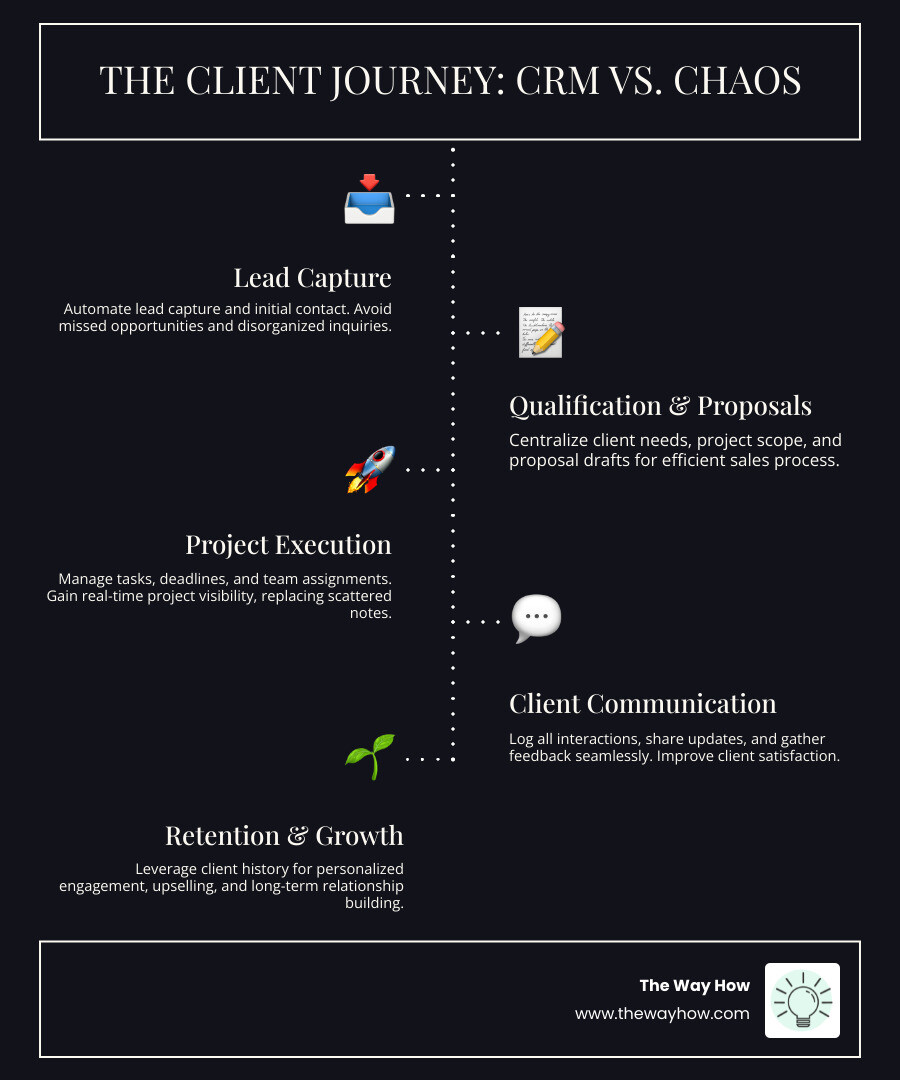 infographic showing the client journey from lead capture through project completion, comparing scattered tools versus centralized CRM workflow with clear stages: inquiry, qualification, proposal, active project, delivery, and retention - crm for web developers infographic infographic-line-5-steps-dark infographic showing the client journey from lead capture through project completion, comparing scattered tools versus centralized CRM workflow with clear stages: inquiry, qualification, proposal, active project, delivery, and retention - crm for web developers infographic infographic-line-5-steps-dark