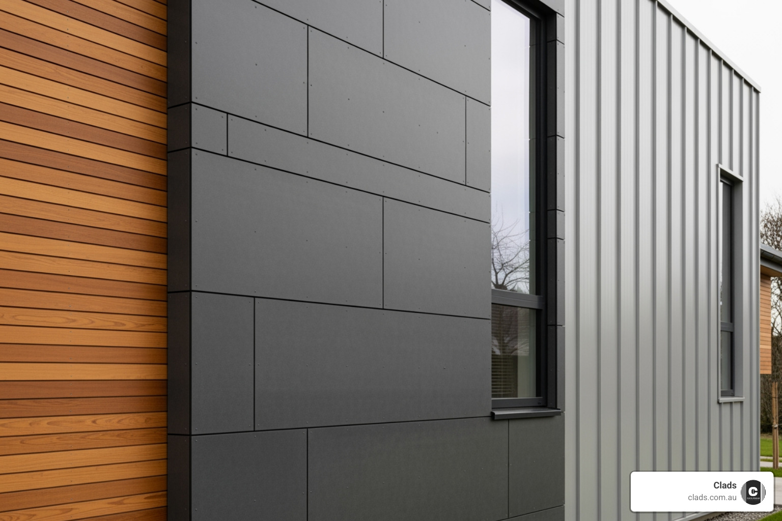 mood board showing different cladding material samples like WPC, stone, and cement - House facade cladding