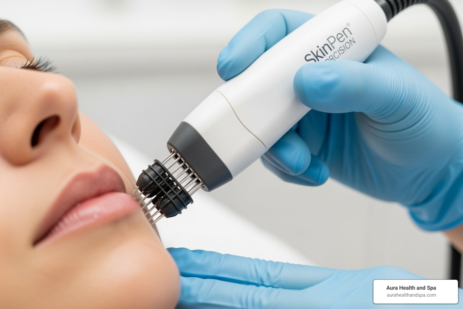 SkinPen Precision device being used on a patient's cheek - Microneedling for pores