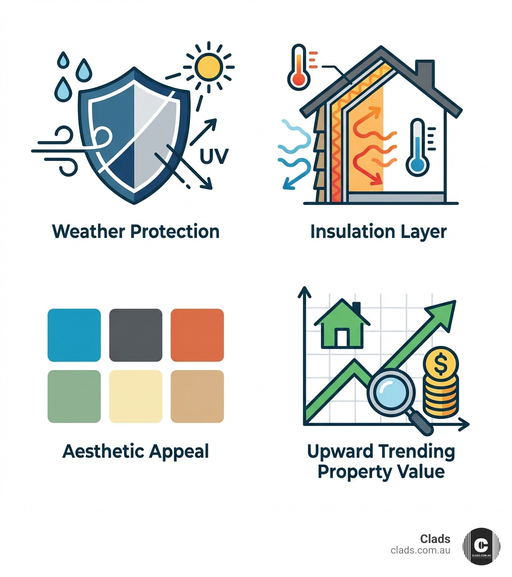 infographic showing house cladding benefits: weather protection shield, aesthetic appeal with colour swatches, insulation layer diagram, and upward trending property value graph - House facade cladding infographic 