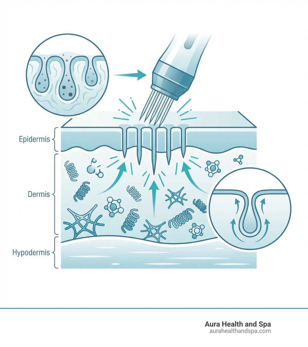 Infographic showing cross-section of skin with microneedling device creating micro-channels, arrows indicating collagen and elastin production in dermis layer, and comparison of before and after pore appearance with tightened skin tissue - Microneedling for pores infographic 