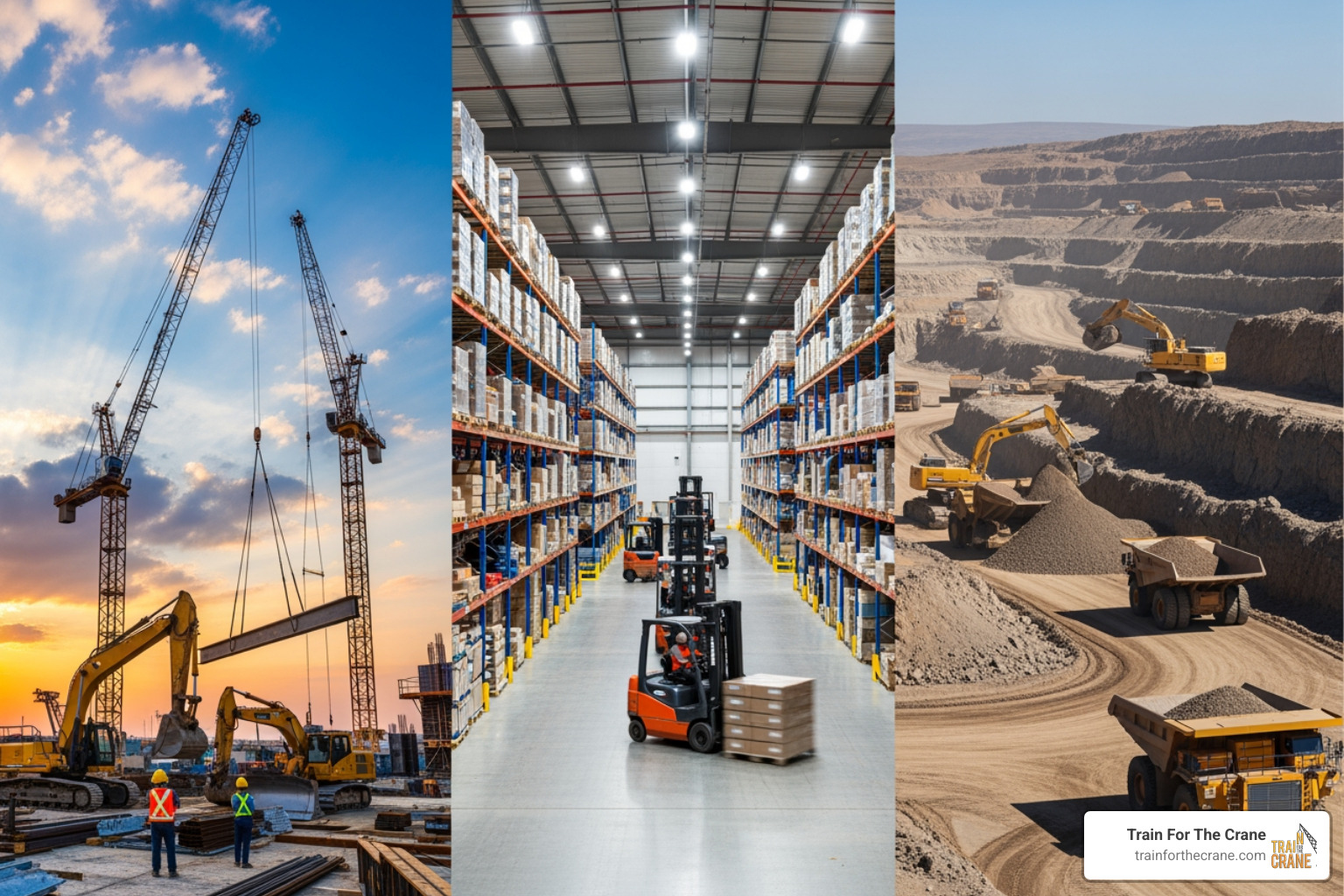 various job sites: a construction site with cranes, a warehouse with forklifts, and a mining operation - Certified equipment operator