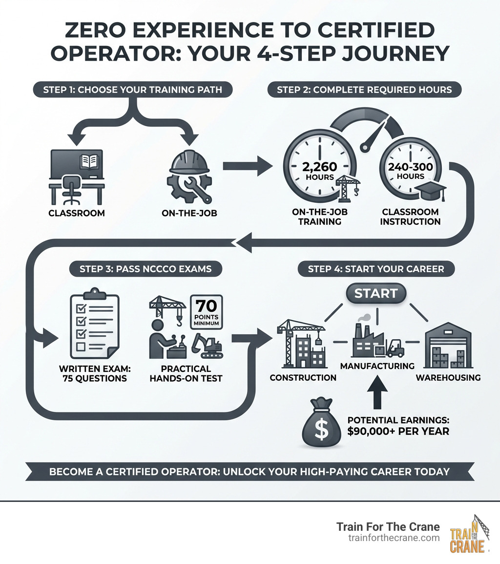 infographic showing the journey from zero experience to certified operator in 4 steps: Step 1 Choose Your Training Path showing classroom and on-the-job options, Step 2 Complete Required Hours showing 2260 hours on-the-job training plus 240-300 hours classroom instruction, Step 3 Pass NCCCO Exams showing written exam with 75 questions and practical hands-on test requiring 70 points minimum, Step 4 Start Your Career showing job opportunities in construction manufacturing warehousing with potential earnings of 90000 plus per year - Certified equipment operator infographic 