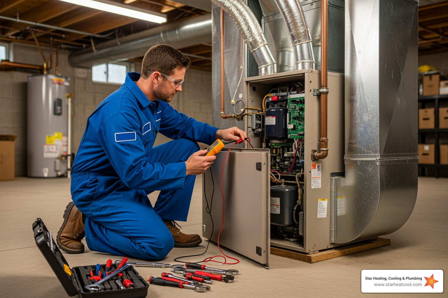 Infographic showing the 5 key components of a home furnace system: thermostat controls temperature settings, burners generate heat, heat exchanger warms air safely, blower motor circulates warm air throughout home, and air filter maintains system efficiency and indoor air quality - furnace repair services in fishers, in Infographic showing the 5 key components of a home furnace system: thermostat controls temperature settings, burners generate heat, heat exchanger warms air safely, blower motor circulates warm air throughout home, and air filter maintains system efficiency and indoor air quality - furnace repair services in fishers, in