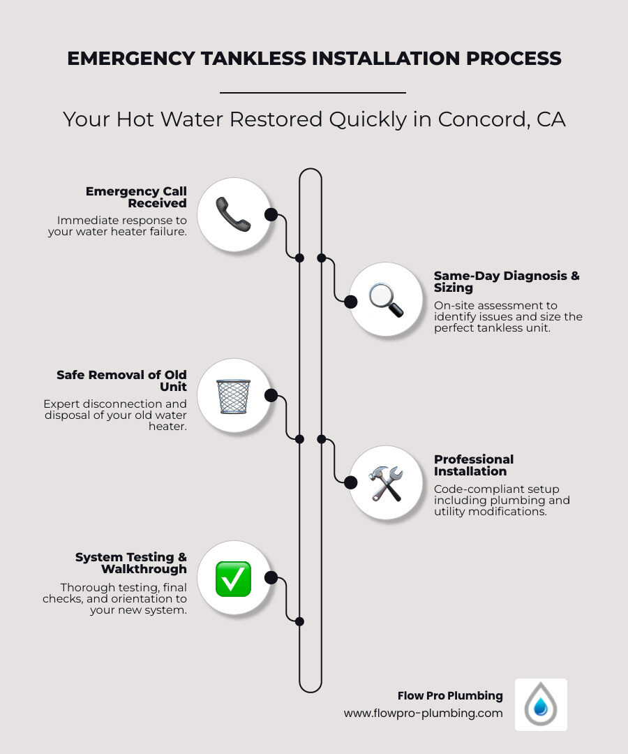 Infographic showing emergency tankless water heater installation process: 1) Emergency call received 2) Same-day diagnosis and sizing 3) Safe removal of old unit 4) Professional installation with code compliance 5) System testing and walkthrough 6) Hot water restored in 4-8 hours - emergency tankless water heater installation in concord, ca infographic infographic-line-5-steps-elegant_beige Infographic showing emergency tankless water heater installation process: 1) Emergency call received 2) Same-day diagnosis and sizing 3) Safe removal of old unit 4) Professional installation with code compliance 5) System testing and walkthrough 6) Hot water restored in 4-8 hours - emergency tankless water heater installation in concord, ca infographic infographic-line-5-steps-elegant_beige
