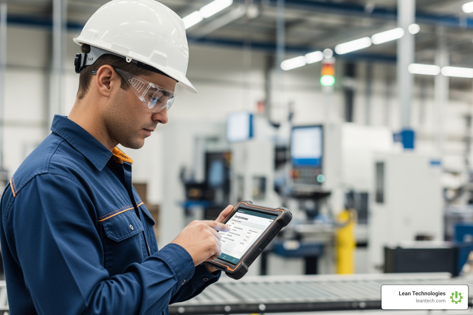 operator using tablet to log downtime event - OEE manufacturing software operator using tablet to log downtime event - OEE manufacturing software