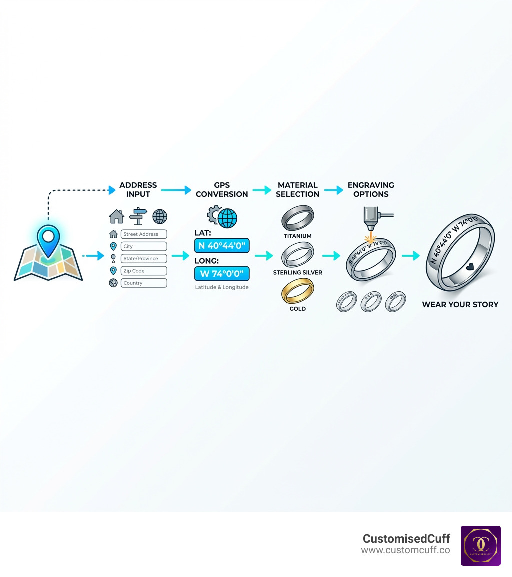 Infographic showing the journey from a meaningful location on a map with a pin marker transforming into a custom engraved coordinates ring, with labels for address input, GPS conversion, material selection, and personalized engraving options - engraved coordinates ring infographic Infographic showing the journey from a meaningful location on a map with a pin marker transforming into a custom engraved coordinates ring, with labels for address input, GPS conversion, material selection, and personalized engraving options - engraved coordinates ring infographic