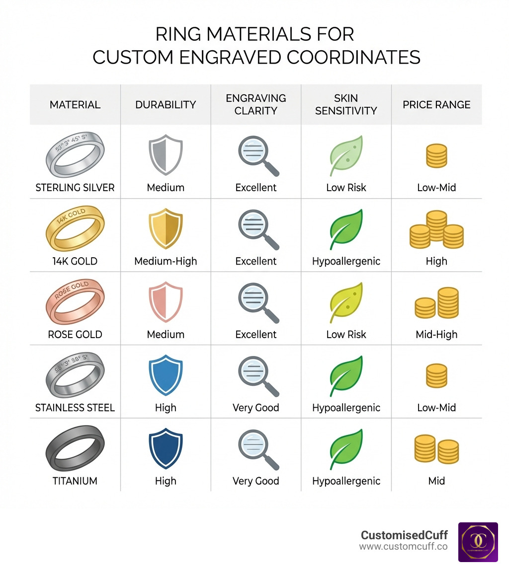 Table comparing ring materials for custom engraved coordinates rings. - engraved coordinates ring infographic Table comparing ring materials for custom engraved coordinates rings. - engraved coordinates ring infographic