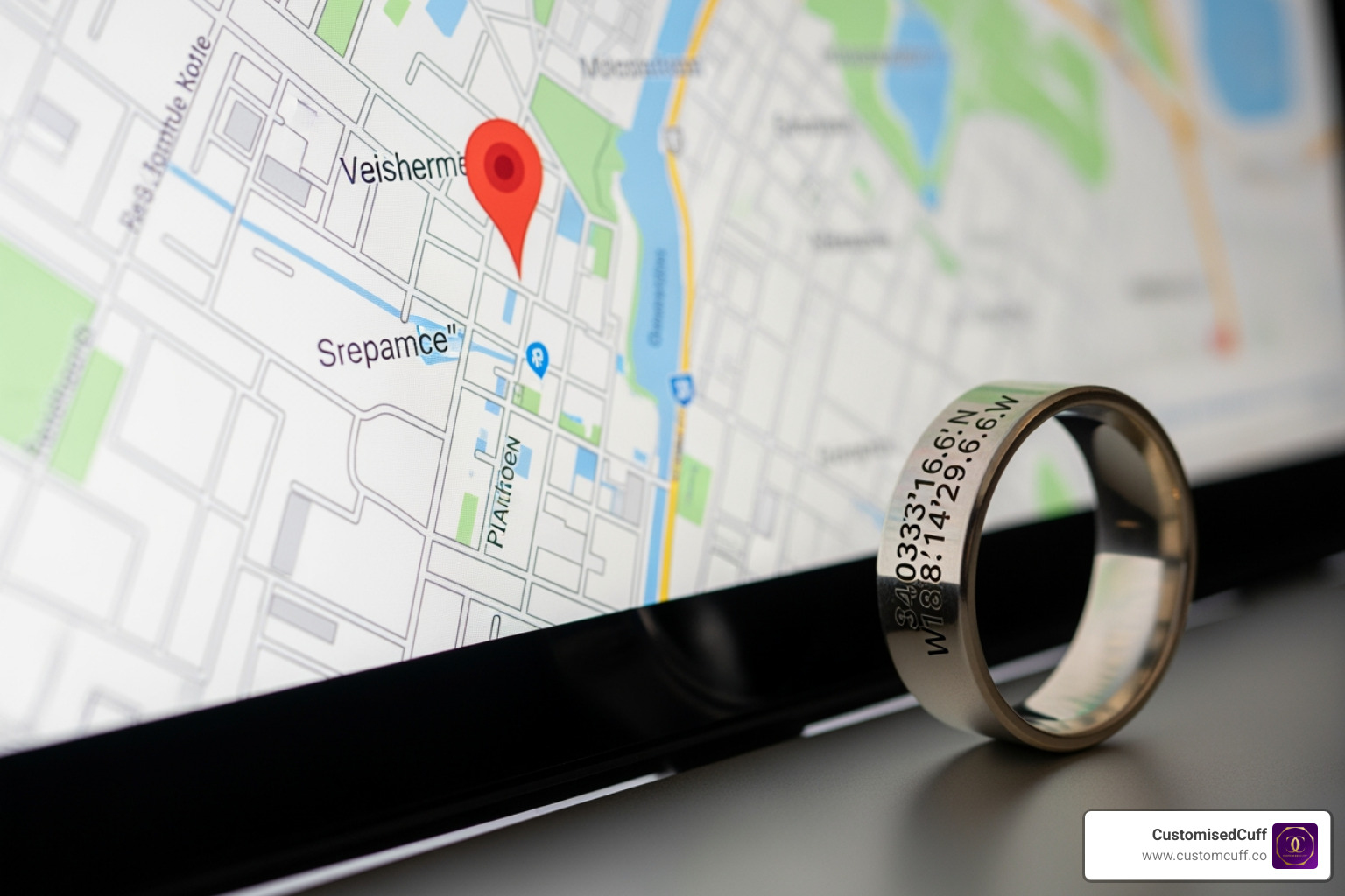 Computer screen with a map pin and a custom ring beside it. Alt text: "Map with pin and custom coordinates ring for personalization." - engraved coordinates ring Computer screen with a map pin and a custom ring beside it. Alt text: "Map with pin and custom coordinates ring for personalization." - engraved coordinates ring