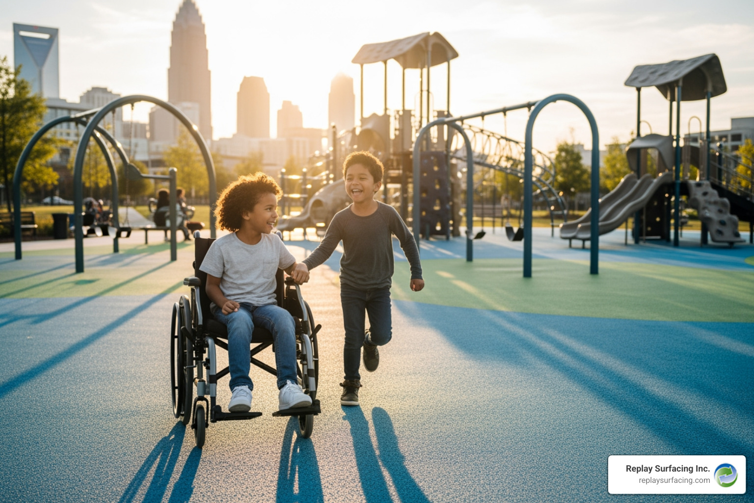 Wheelchair navigating smooth rubber playground surface in Charlotte, NC - playground floor mat Wheelchair navigating smooth rubber playground surface in Charlotte, NC - playground floor mat