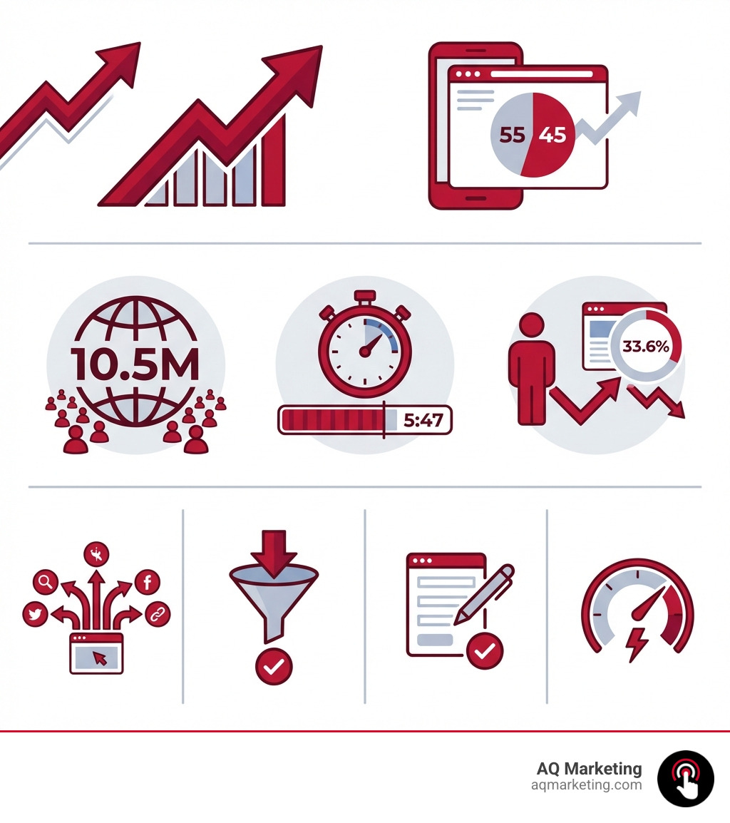 Infographic showing essential insurance website analytics: top section displays 33% year-over-year traffic increase and 55% mobile traffic share; middle section shows average metrics of 10.5M monthly visits, 5:47 session duration, and 33.6% bounce rate; bottom section lists key metrics to track including traffic sources, conversion rates, form completions, and page load speed - insurance website analytics infographic Infographic showing essential insurance website analytics: top section displays 33% year-over-year traffic increase and 55% mobile traffic share; middle section shows average metrics of 10.5M monthly visits, 5:47 session duration, and 33.6% bounce rate; bottom section lists key metrics to track including traffic sources, conversion rates, form completions, and page load speed - insurance website analytics infographic