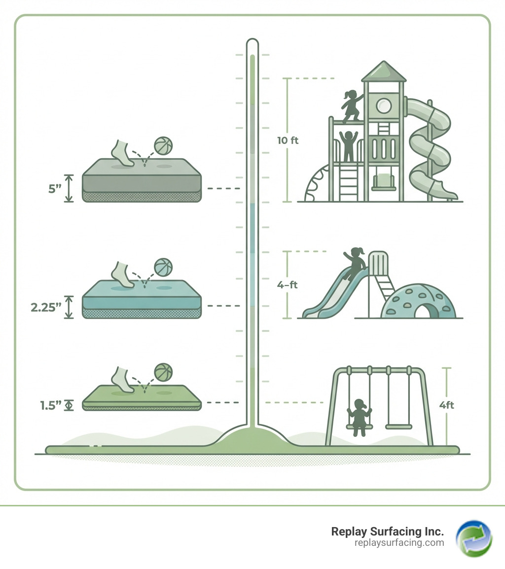 infographic showing critical fall height ratings for different rubber playground floor mat thicknesses, comparing 1.5-inch mats rated for 4-foot falls versus 2.25-inch tiles for 4-6 foot falls and 5-inch tiles for 10-12 foot falls, with illustrations of corresponding playground equipment heights like swings, slides, and climbing structures - playground floor mat infographic infographic showing critical fall height ratings for different rubber playground floor mat thicknesses, comparing 1.5-inch mats rated for 4-foot falls versus 2.25-inch tiles for 4-6 foot falls and 5-inch tiles for 10-12 foot falls, with illustrations of corresponding playground equipment heights like swings, slides, and climbing structures - playground floor mat infographic