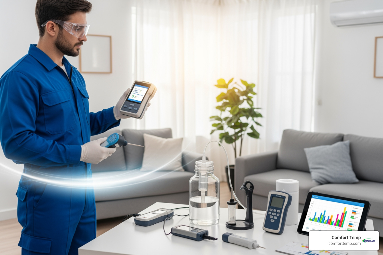split screen comparing a small apartment and a large multi-story house with a professional technician in blue uniform conducting air quality testing in each - air quality testing cost split screen comparing a small apartment and a large multi-story house with a professional technician in blue uniform conducting air quality testing in each - air quality testing cost