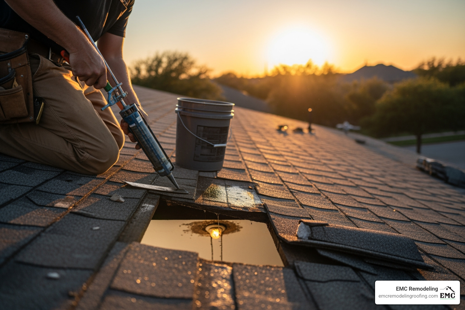 bucket catching water from a ceiling leak - roof leak repair Pflugerville