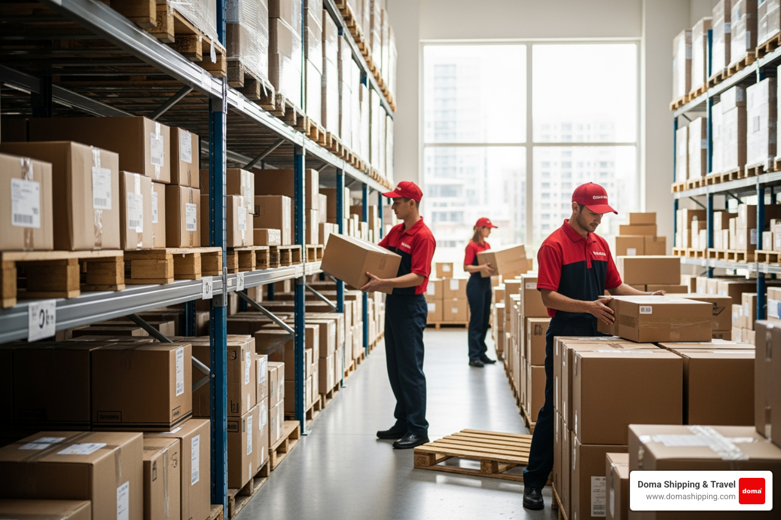 warehouse interior showing organized packages ready for international shipment - shipping forwarder usa to europe