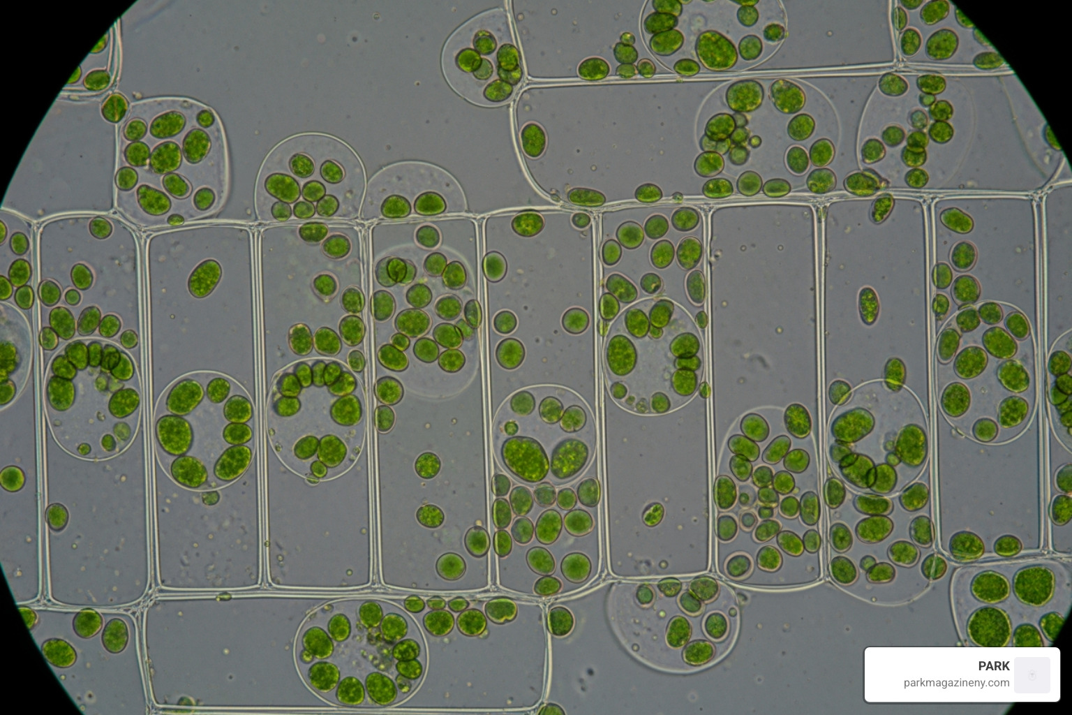 chloroplasts within Elodea leaf cells - plant cell labeled