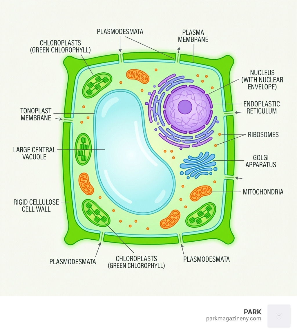 Detailed infographic showing a cross-section of a plant cell with labeled components including the rigid cellulose cell wall, chloroplasts containing green chlorophyll, the large central vacuole surrounded by the tonoplast membrane, the nucleus with nuclear envelope, mitochondria, endoplasmic reticulum, Golgi apparatus, ribosomes, and plasmodesmata connecting adjacent cells - plant cell labeled infographic 