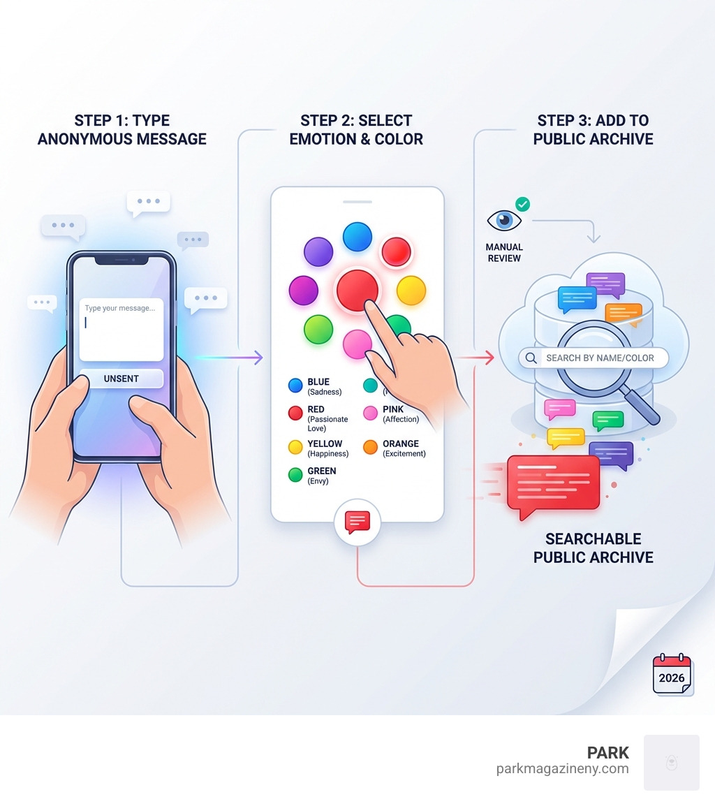 infographic showing the three-step process of The Unsent Project: Step 1 shows a person typing an anonymous message on their phone, Step 2 shows selecting from 11 color options representing different emotions like blue for sadness or red for passionate love, and Step 3 shows the message being added to a searchable public archive after manual review - unsent project infographic 