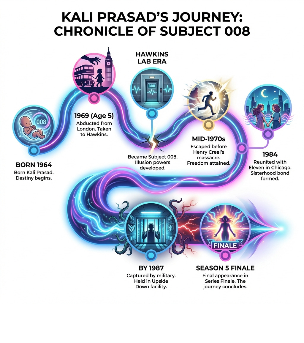 Infographic showing Kali Prasad's timeline: Born 1964, Abducted from London 1969 at age 5, Became Subject 008 at Hawkins Lab, Escaped mid-1970s before Henry Creel's massacre, Reunited with Eleven in Chicago 1984, Captured by military and held in Upside Down facility by 1987, Final appearance in Season 5 series finale - kali stranger things infographic 