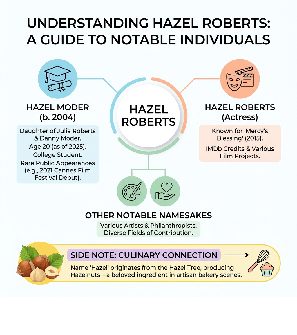 infographic explaining the different notable individuals named Hazel Roberts, including Hazel Moder (Julia Roberts' daughter, age 20, college student), Hazel Roberts the actress (known for Mercy's Blessing 2015), and other namesakes including artists and philanthropists, with a side note about the culinary connection to hazelnuts - hazel roberts infographic 