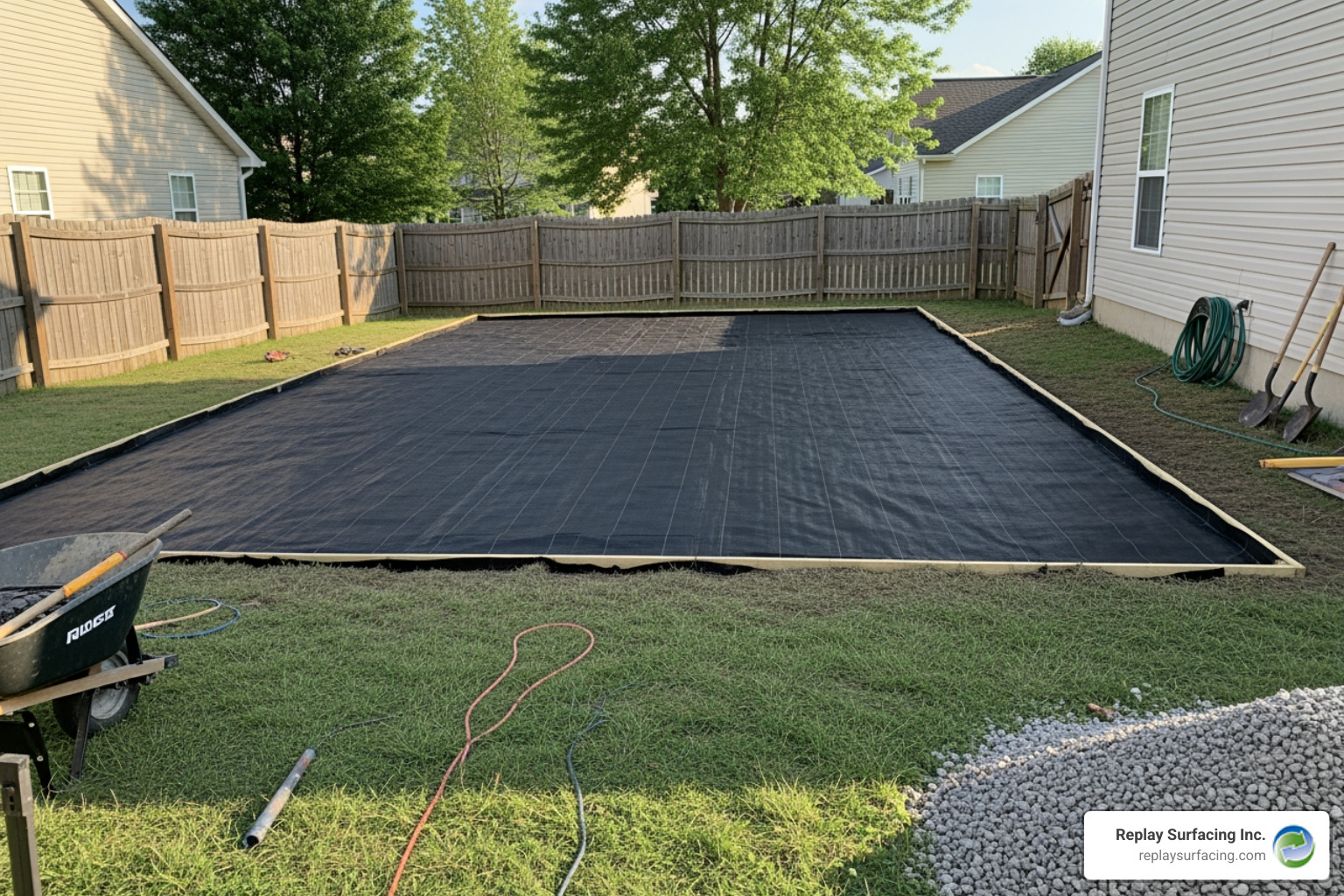 prepared playground area with leveled ground and landscape fabric - playground flooring charlotte nc