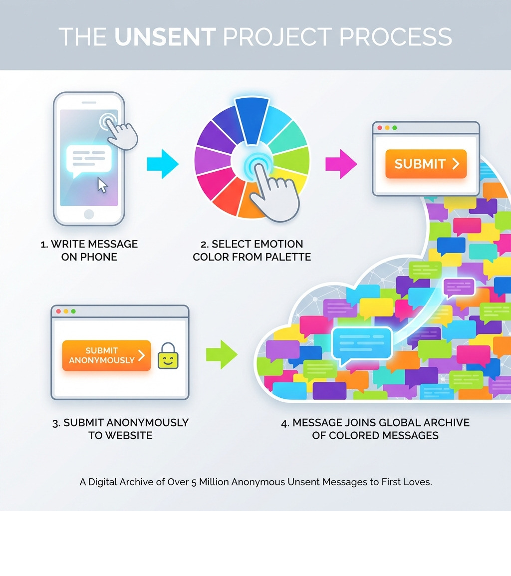 infographic showing the unsent project process: person writes message on phone, selects emotion color from palette, submits anonymously to website, message joins global archive of colored messages - unsent project infographic 
