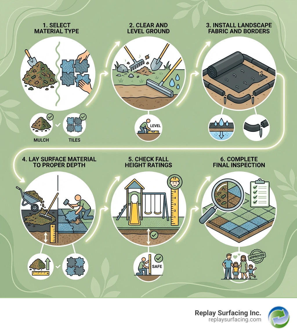 Infographic showing the complete DIY playground floor installation process: 1) Select material type (mulch or tiles), 2) Clear and level ground, 3) Install landscape fabric and borders, 4) Lay surface material to proper depth, 5) Check fall height ratings, 6) Complete final inspection - playground flooring charlotte nc infographic 