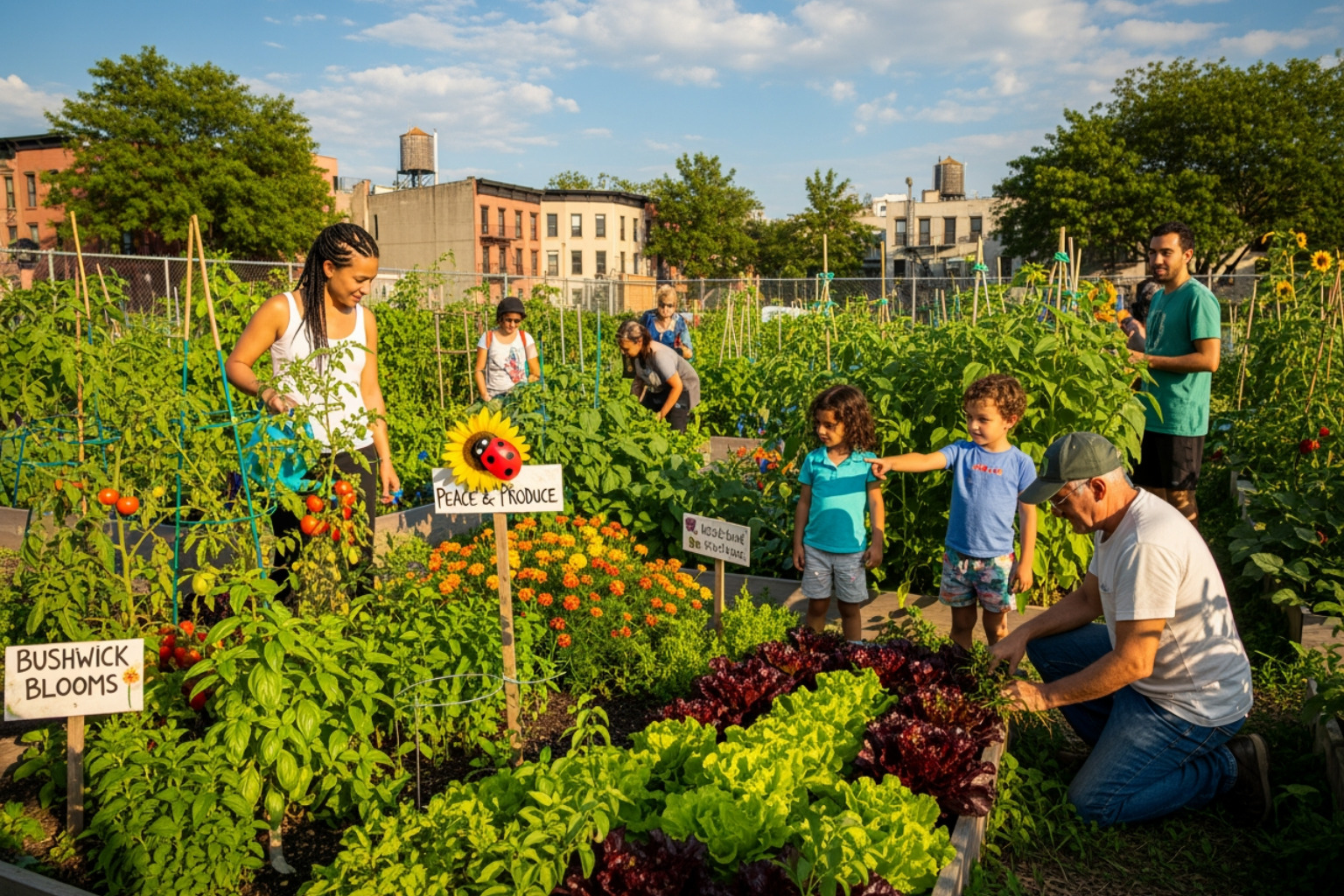 Vibrant community garden in Brooklyn, NYC, with diverse plants and people tending to them - google earth day quiz Vibrant community garden in Brooklyn, NYC, with diverse plants and people tending to them - google earth day quiz
