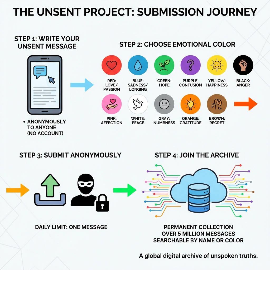 Infographic showing the submission process: Step 1 - Write your unsent message to anyone (no account needed), Step 2 - Choose from 11 colors representing different emotions (red for love/passion, blue for sadness/longing, green for hope, purple for confusion, yellow for happiness, black for anger, pink for affection, white for peace, gray for numbness, orange for gratitude, brown for regret), Step 3 - Submit anonymously (one message per day maximum), Step 4 - Your message joins over 5 million others in the permanent archive, searchable by name or color - the unsent project infographic Infographic showing the submission process: Step 1 - Write your unsent message to anyone (no account needed), Step 2 - Choose from 11 colors representing different emotions (red for love/passion, blue for sadness/longing, green for hope, purple for confusion, yellow for happiness, black for anger, pink for affection, white for peace, gray for numbness, orange for gratitude, brown for regret), Step 3 - Submit anonymously (one message per day maximum), Step 4 - Your message joins over 5 million others in the permanent archive, searchable by name or color - the unsent project infographic