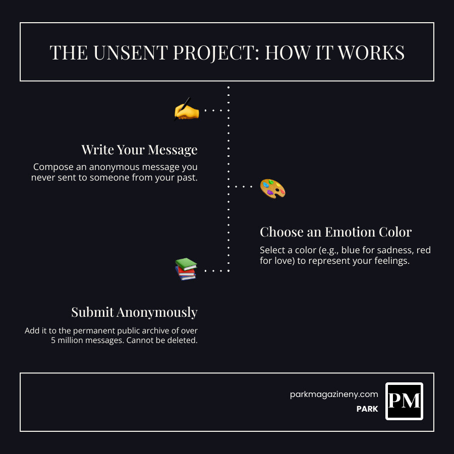 infographic showing the three-step process of The Unsent Project: Step 1 - Write your unsent message to someone from your past, Step 2 - Select a color that represents your emotion (showing the 11 color options including blue for sadness, red for passionate love, green for hope), Step 3 - Submit anonymously to the permanent public archive where over 5 million messages live, with notes that messages cannot be deleted and can be searched by name or color - the unsent project infographic infographic-line-3-steps-dark
