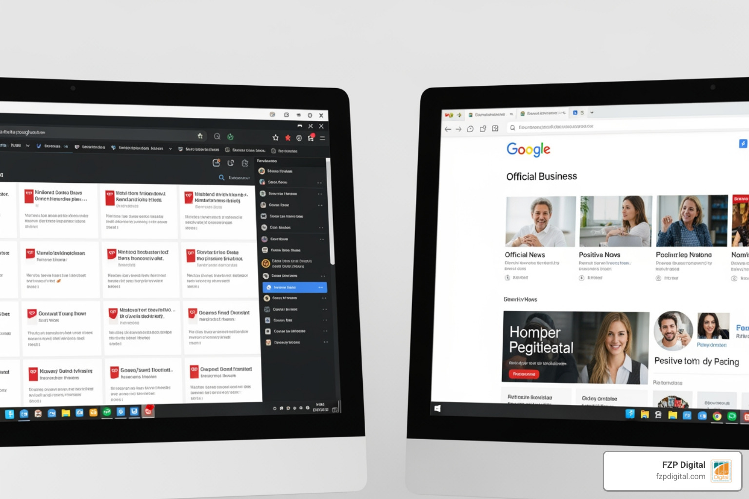 A side-by-side comparison of a cluttered, negative Google search results page and a clean, positive one dominated by a company's website, social profiles, and positive news. - reputation management consultants A side-by-side comparison of a cluttered, negative Google search results page and a clean, positive one dominated by a company's website, social profiles, and positive news. - reputation management consultants