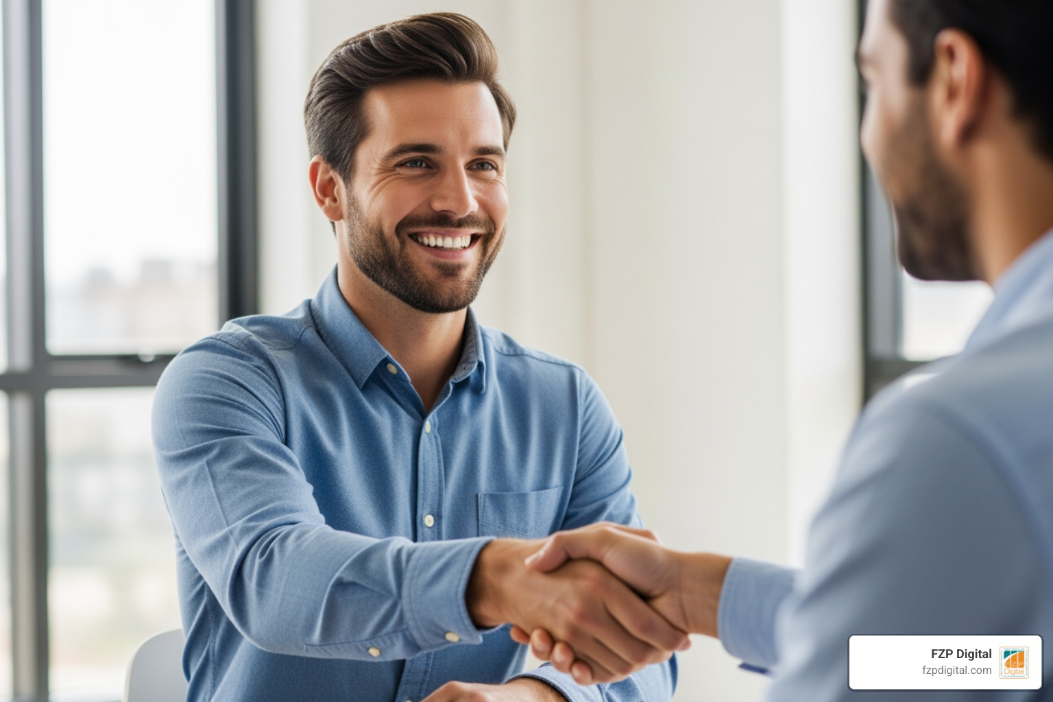 A professional looking man smiling confidently while shaking hands with a client, conveying trust and positive business relationships. - reputation management consultants A professional looking man smiling confidently while shaking hands with a client, conveying trust and positive business relationships. - reputation management consultants